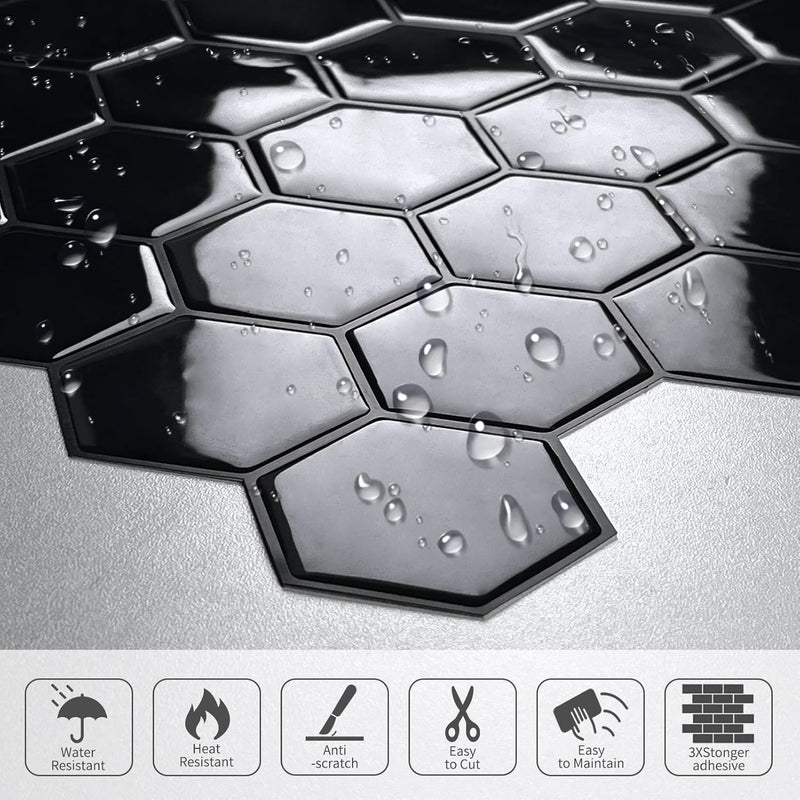 MOONFUN Hexagon Peel and Stick Backsplash Tile（Black）, IN - Image 4